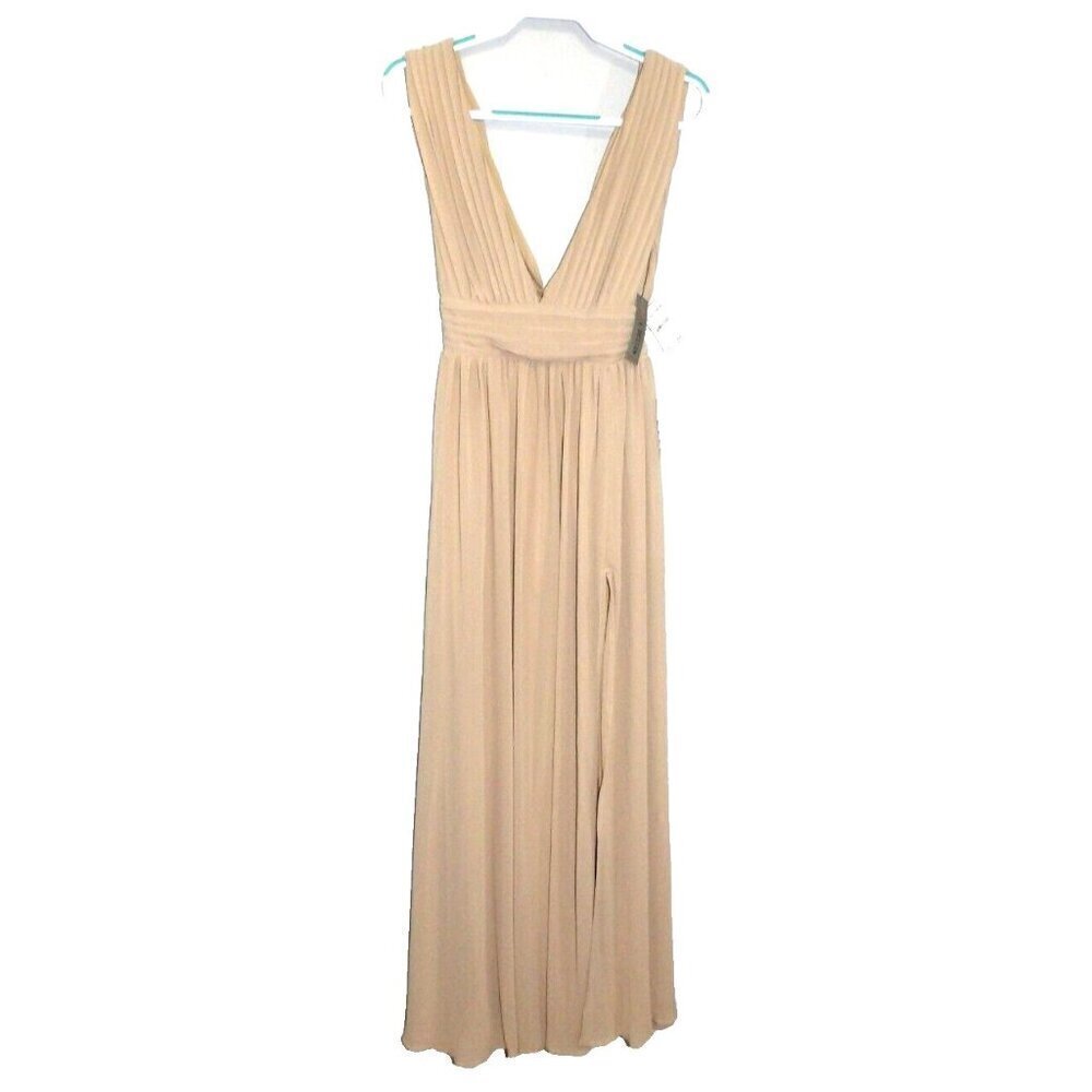 LOVE X DESIGN beige sleeveless deep V neck long dress women's size S, NEW